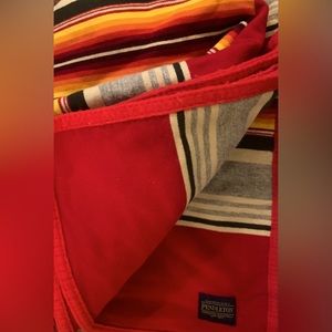 Pendleton Striped Wool Blanket 60”X60” Red, Orange, Yellow & Gray   EUC!